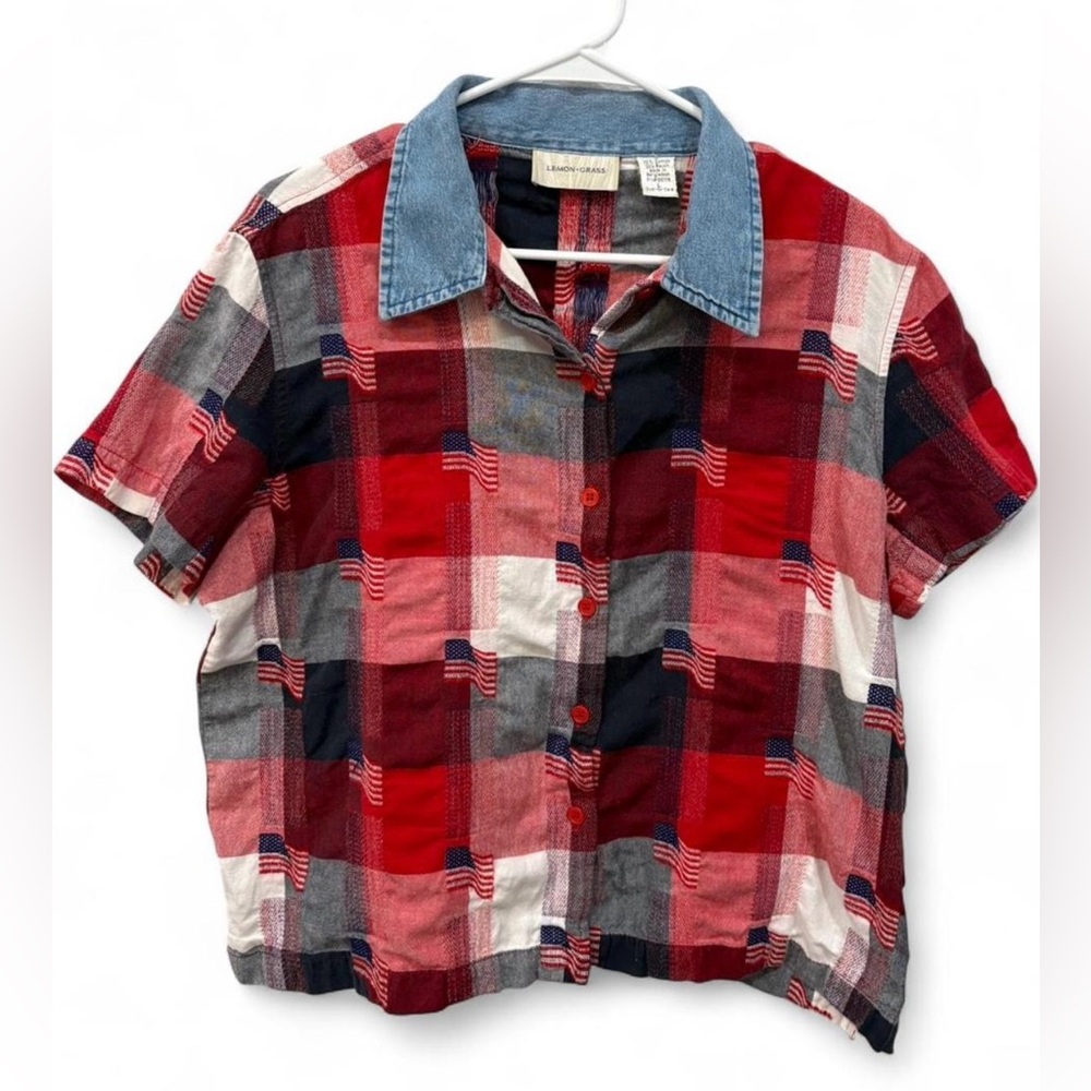 Vintage Lemon Grass American Flag‎ Checkered Patriotic Short Sleeve Large Button